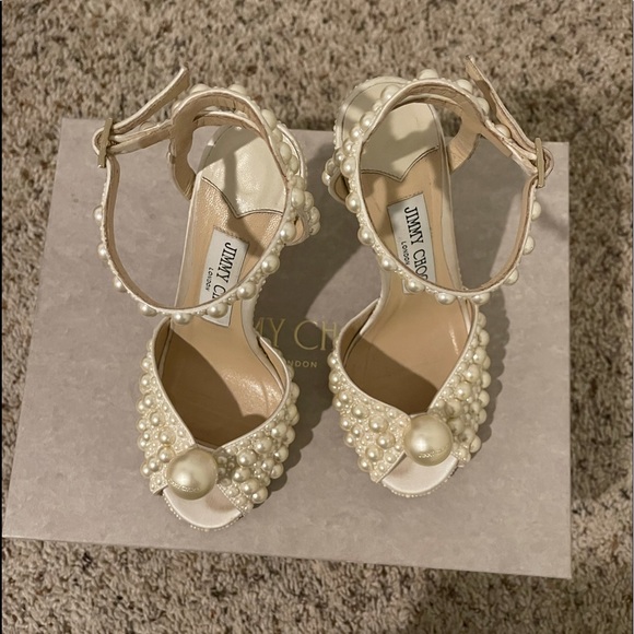 Jimmy Choo Sacora 100 White Sandals with All Over Pearls